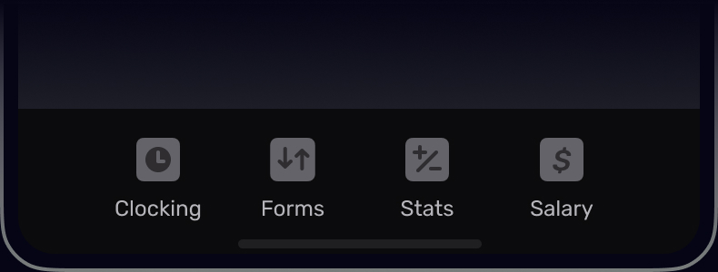 The tab bar contains four features: Clockings, Forms, Stats, and Salary.